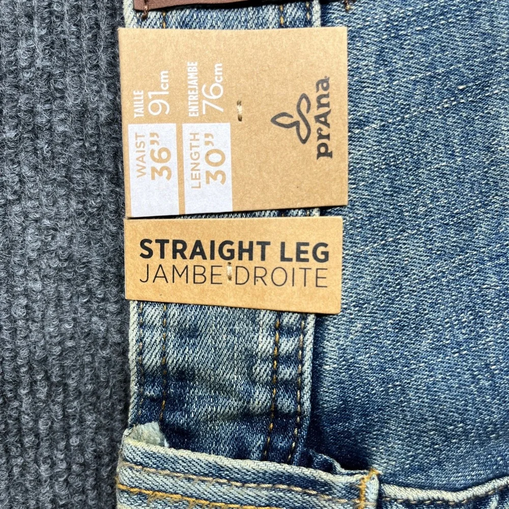prAna Mens 36x30 Straight Leg Jeans NWT Medium Wash Blue Denim Outdoor Pants